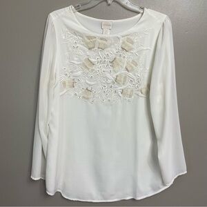 Chico’s blouse women’s size Medium cream embroidered sheer tunic boho neutral
